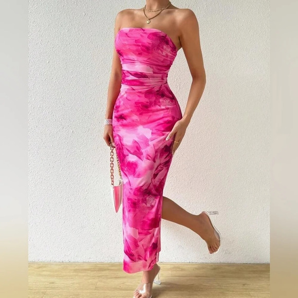 Summer Casual Elegant Floral Print Fish Tail Hem Strapless Dress - Picture 1 of 6
